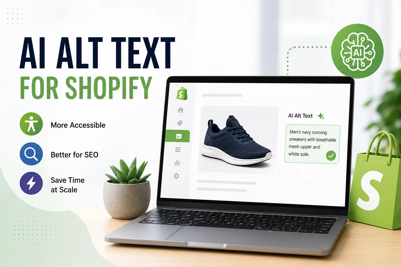 Laptop showing Shopify product page with AI-generated alt text for a sneaker, illustrating improved accessibility and SEO