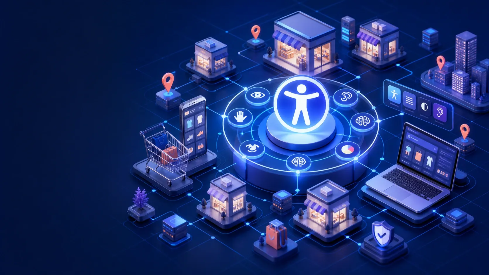 Large interconnected retail ecosystem linked to a central accessibility hub; enterprise scale, governance, and reliability.