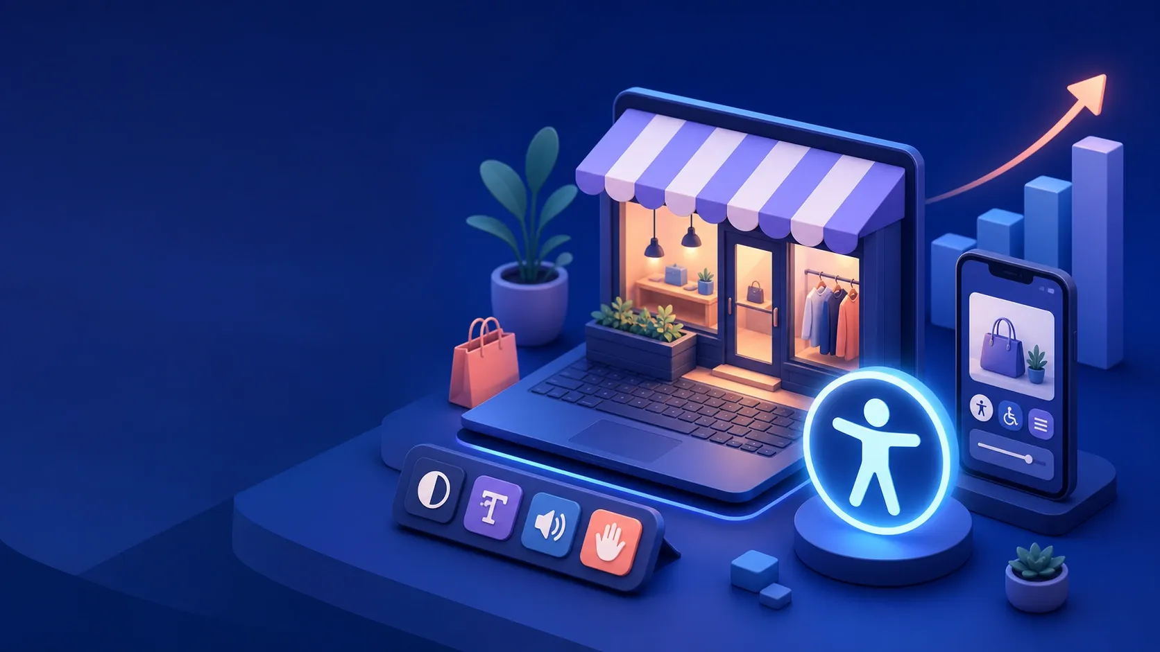 Welcoming independent digital storefront with compact accessibility controls; simplicity, affordability, and growth.