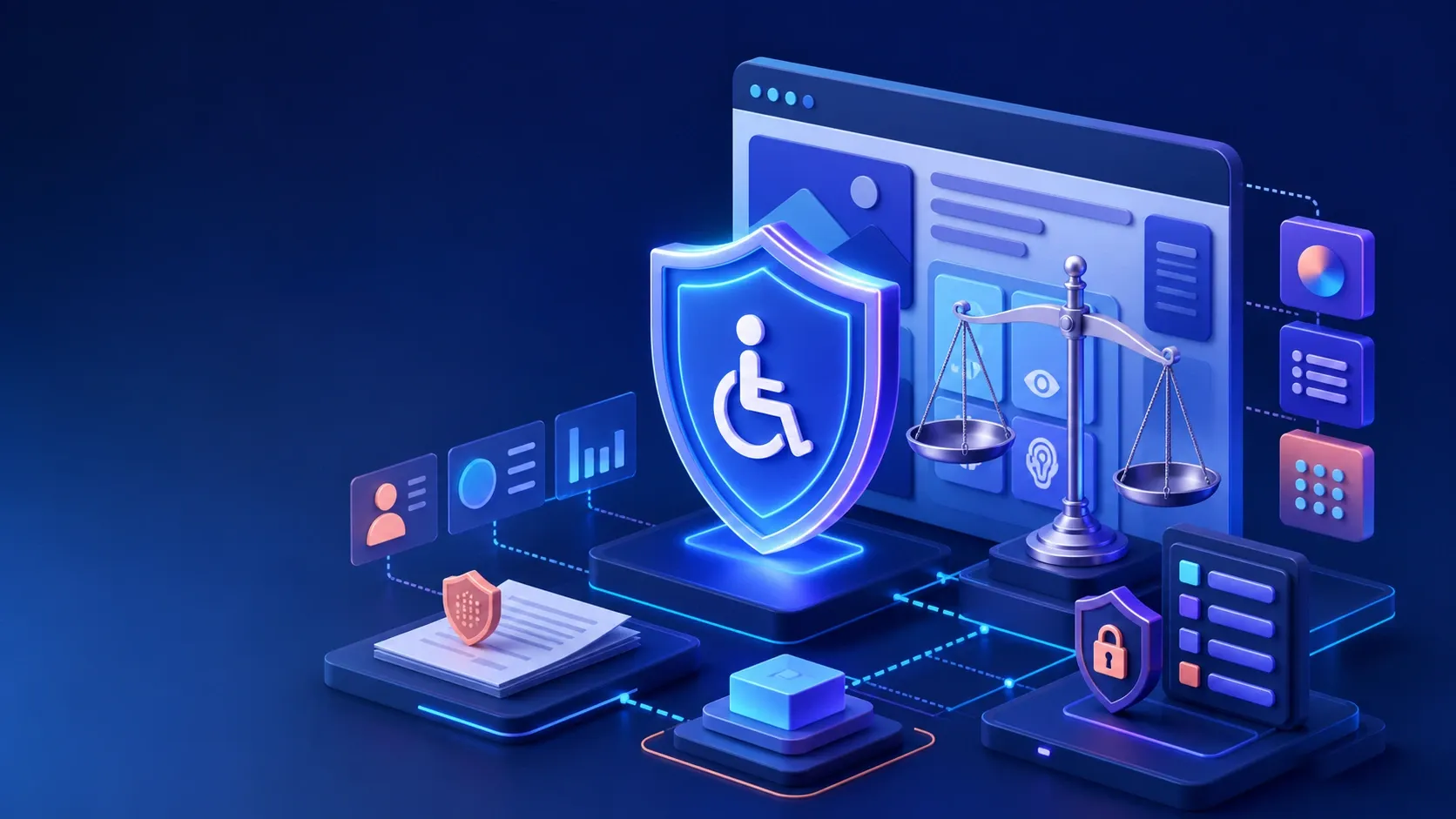 Accessibility shield, balanced legal scales, structured interface, and secure audit architecture.