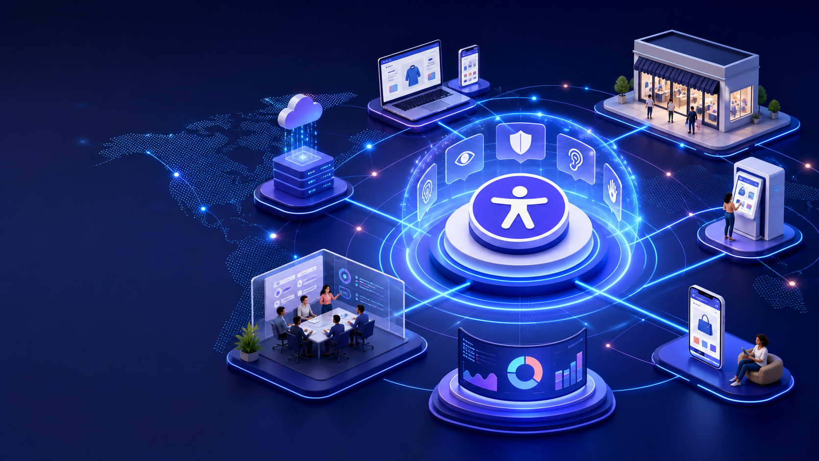 Global brand ecosystem connecting desktop, mobile, kiosk, storefront, governance, and analytics.