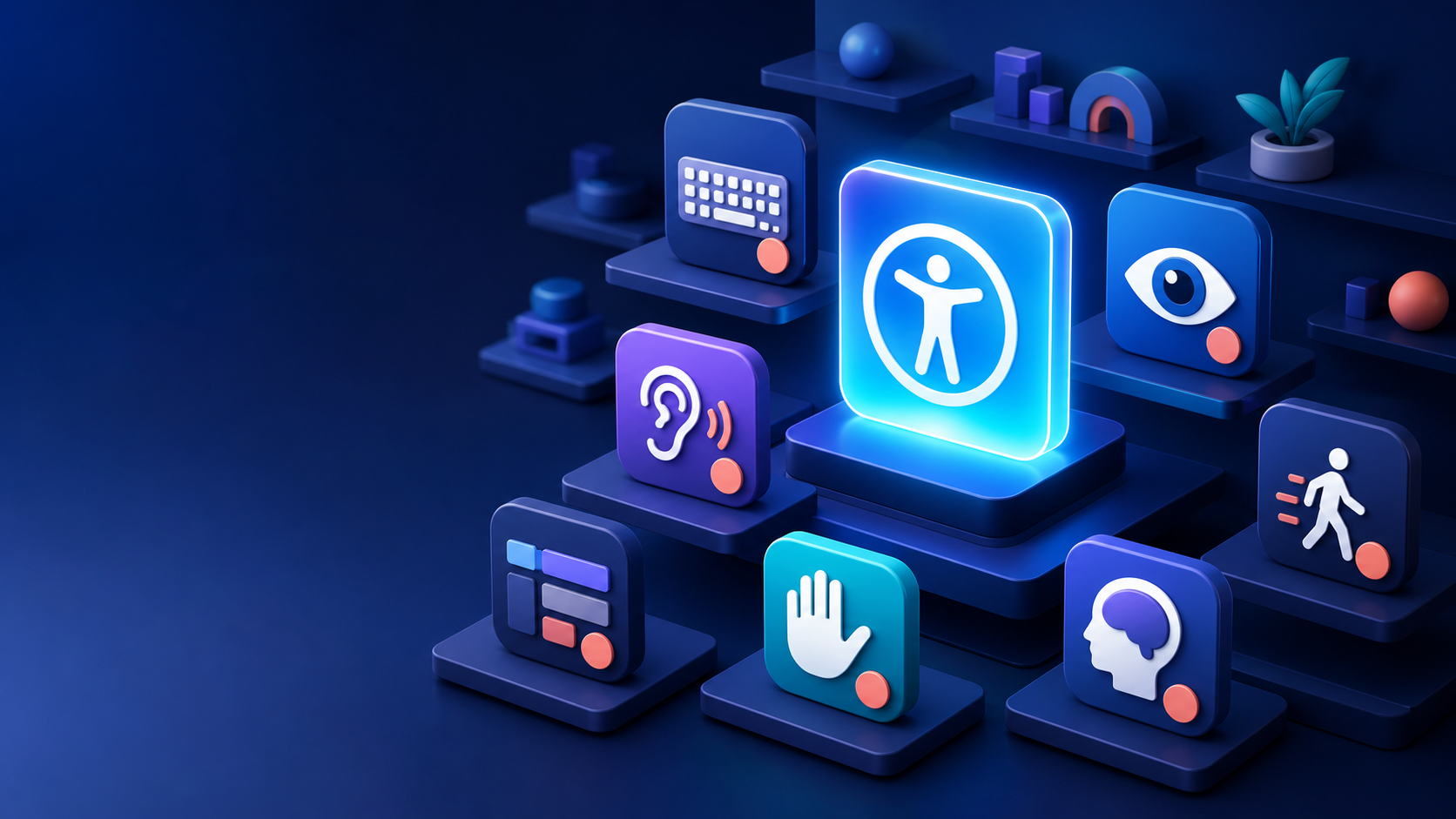 Curated app marketplace with a central accessible app and cues for vision, hearing, keyboard, motion, and cognition.