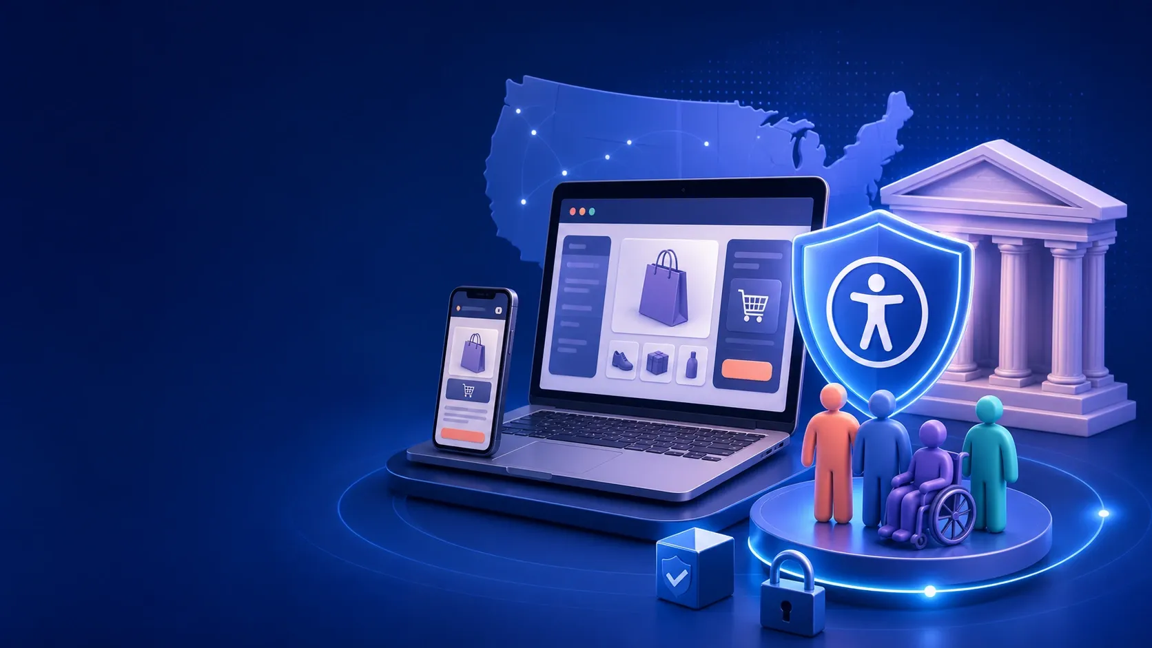 Generic ecommerce storefront, accessibility shield, U.S. map, and courthouse motif for equal-access compliance.