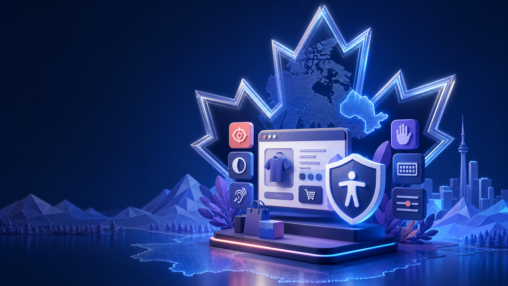 Generic ecommerce storefront with accessibility controls, Canadian map, maple-leaf light motif, and northern landscape.