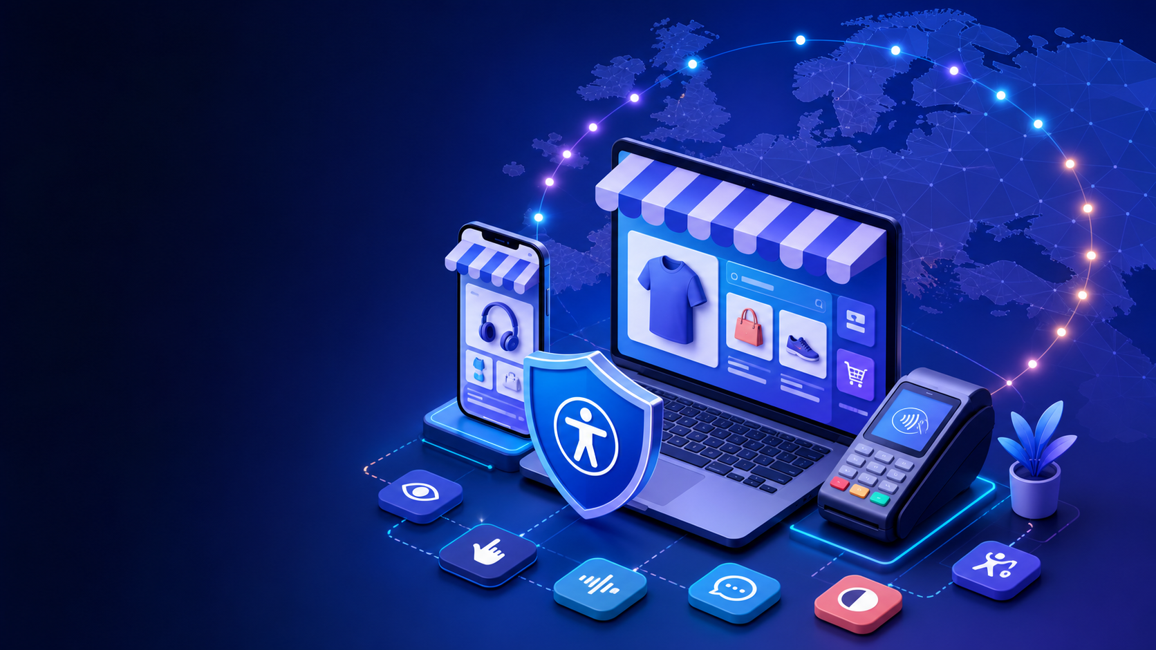 Cross-border European digital commerce across laptop, phone, and payment terminal with unified accessibility protection.