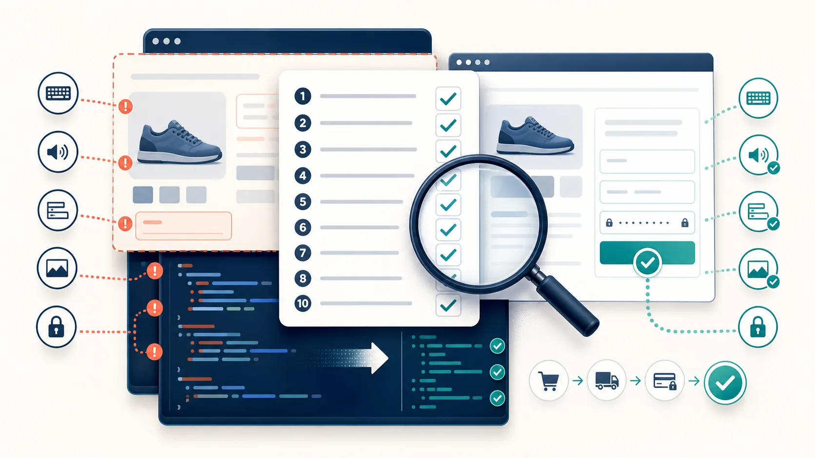 Illustration of a 10-point checklist reviewing ecommerce accessibility, with keyboard, audio, forms and checkout fixes clearly applied directly to website code.