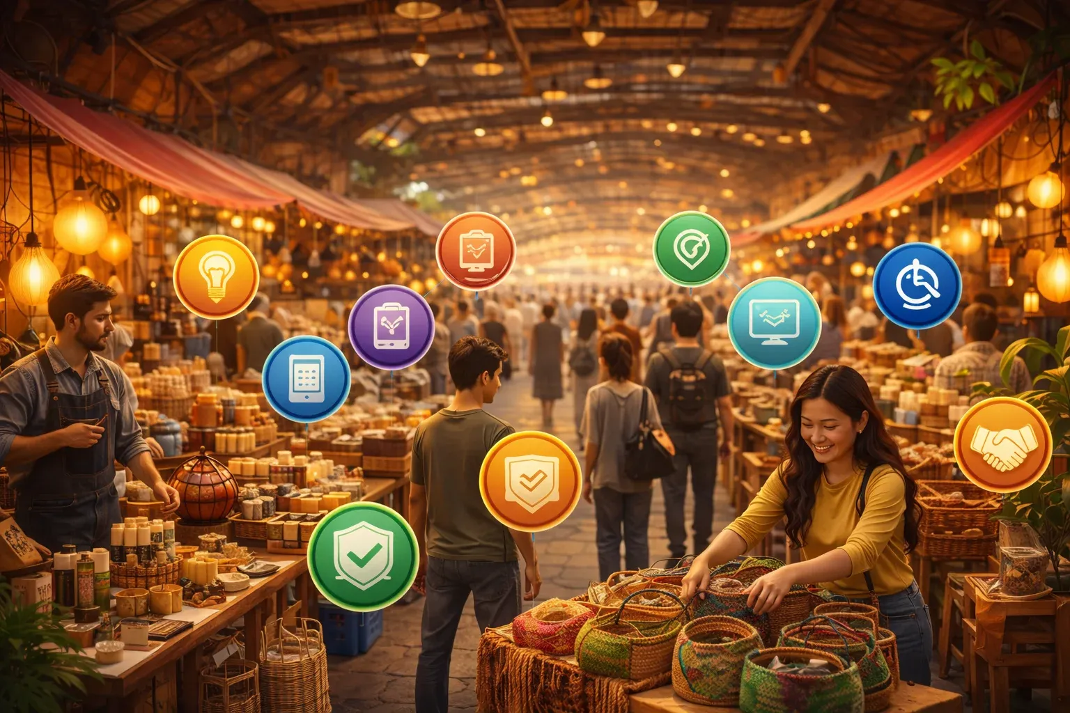 Busy indoor market with stalls and shoppers, with colourful icons floating above representing ways to stand out.