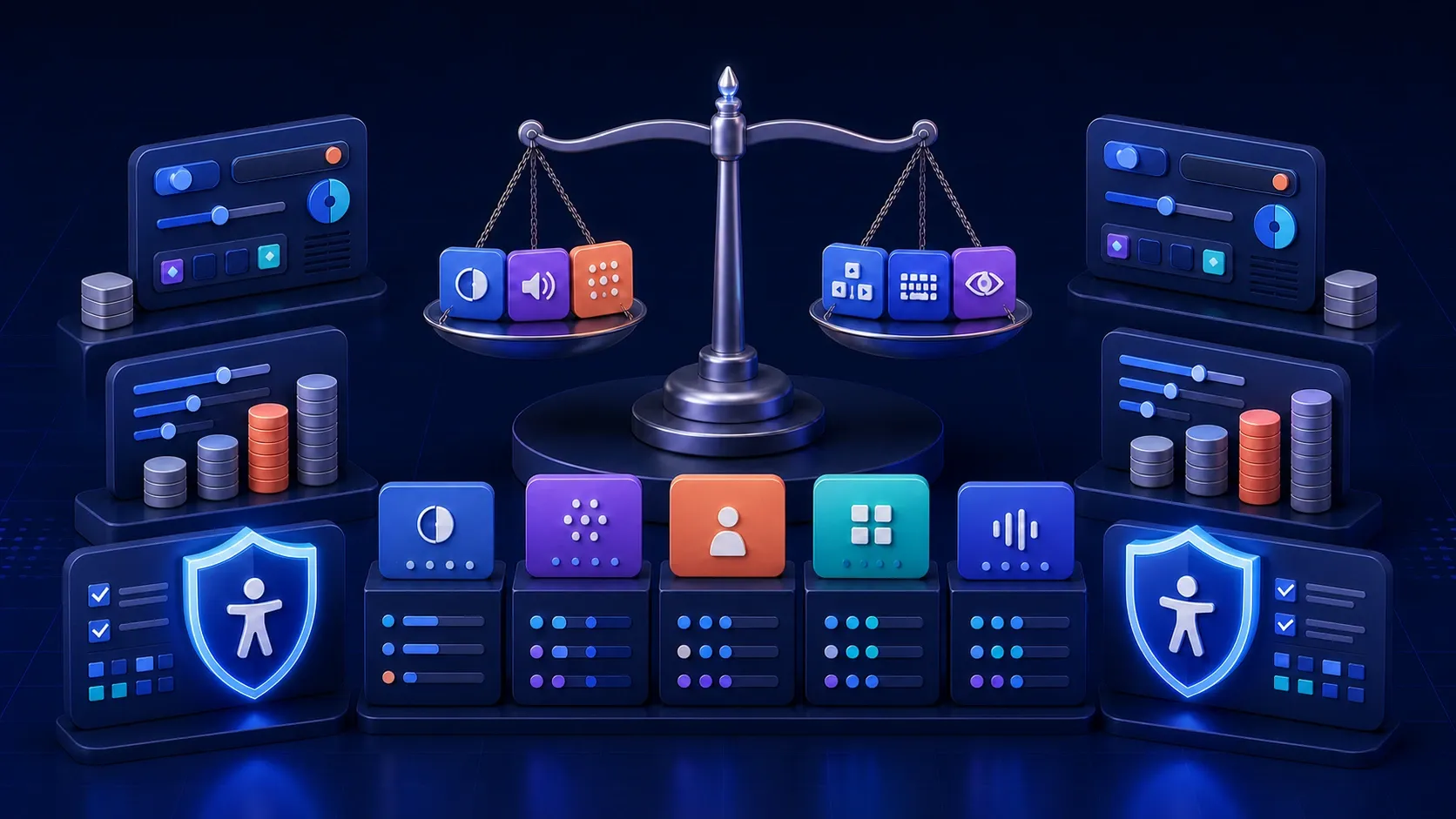 A balanced scale comparing accessibility software options by features, pricing and compliance shields.