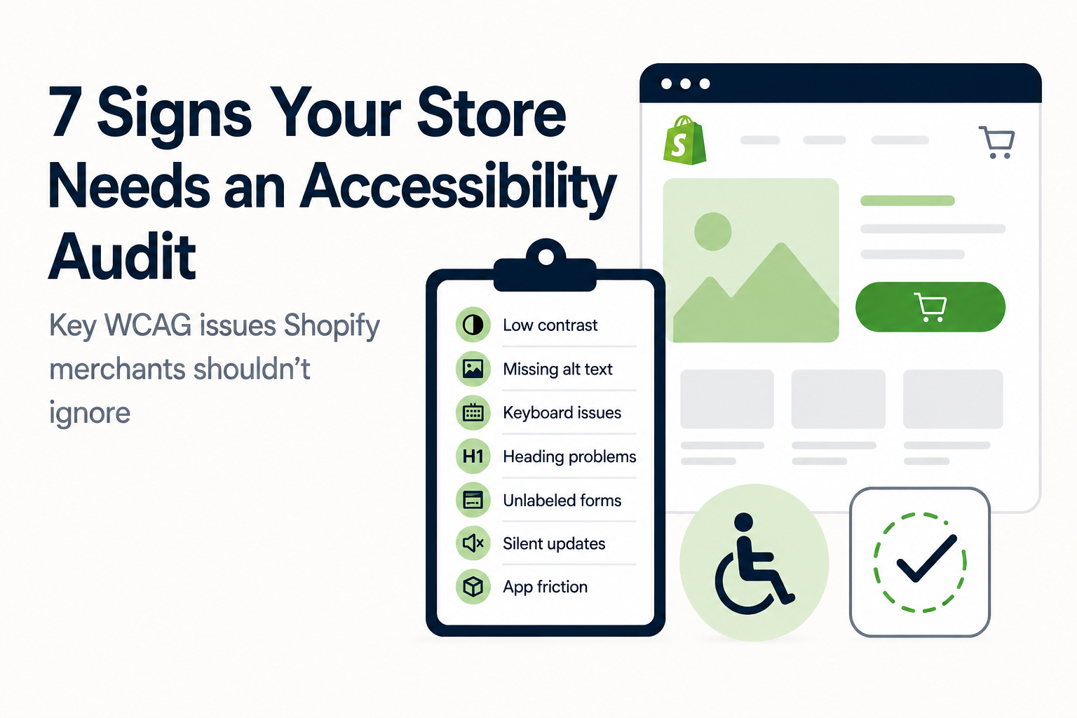Illustration of a Shopify storefront with a checklist highlighting seven common accessibility issues, including low contrast, missing alt text, and keyboard problems
