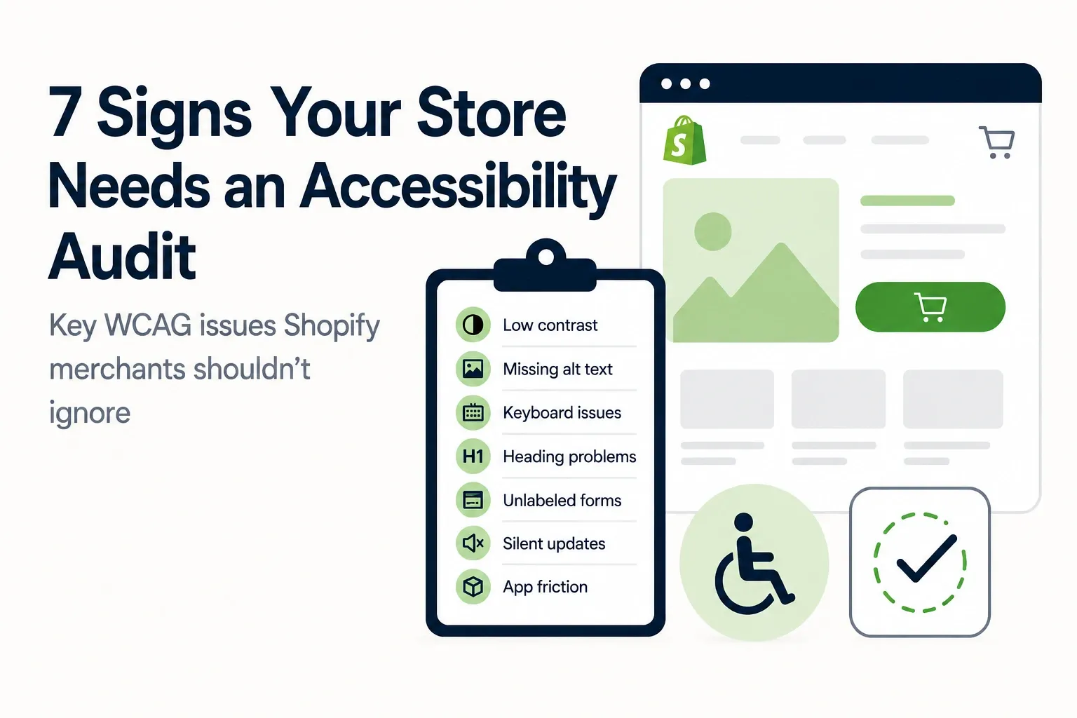 Illustration of a Shopify storefront with a checklist highlighting seven common accessibility issues, including low contrast, missing alt text, and keyboard problems