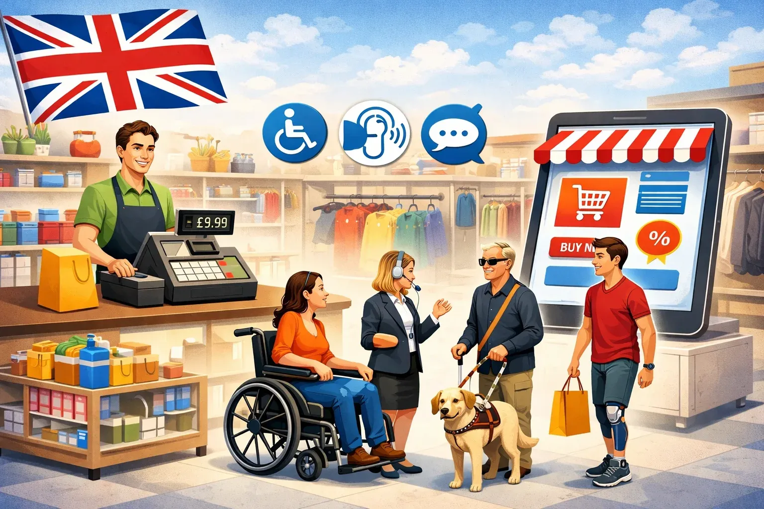 Shop assistant helping a wheelchair user and a visually impaired person with a guide dog, beside an online store tablet.
