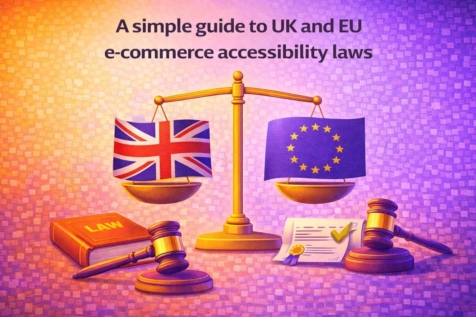 Illustration of justice scales balancing the UK and EU flags, with gavels and a law book, for an accessibility law guide.