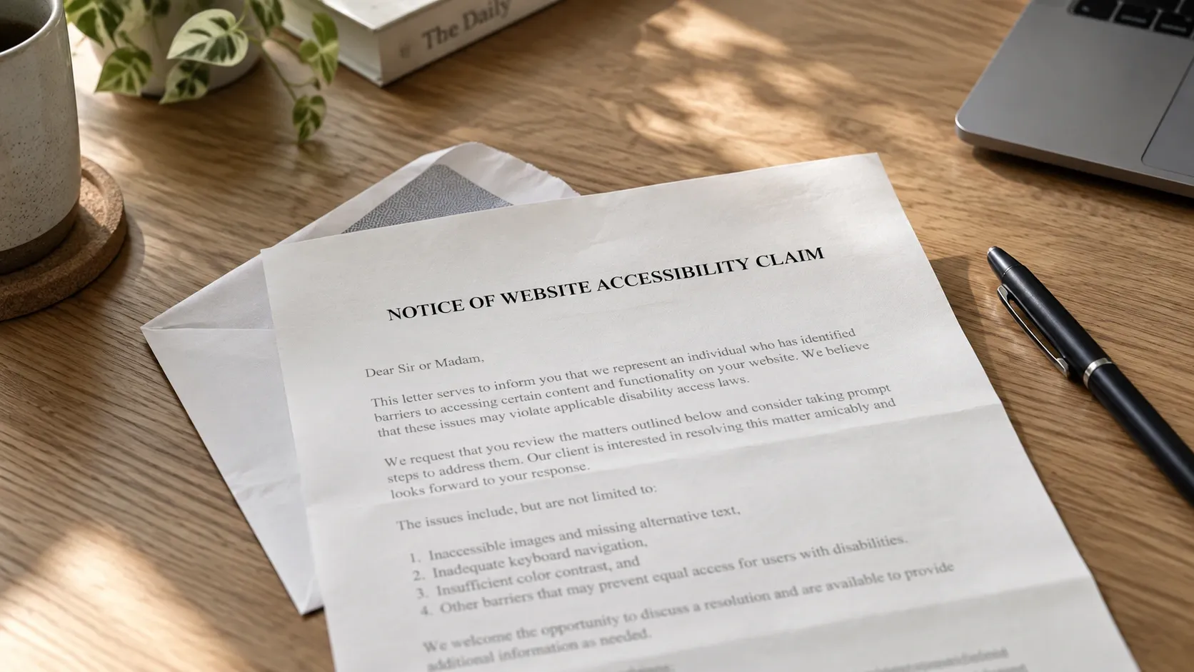 Website accessibility claim letter on a wooden desk beside an open envelope, pen and laptop.