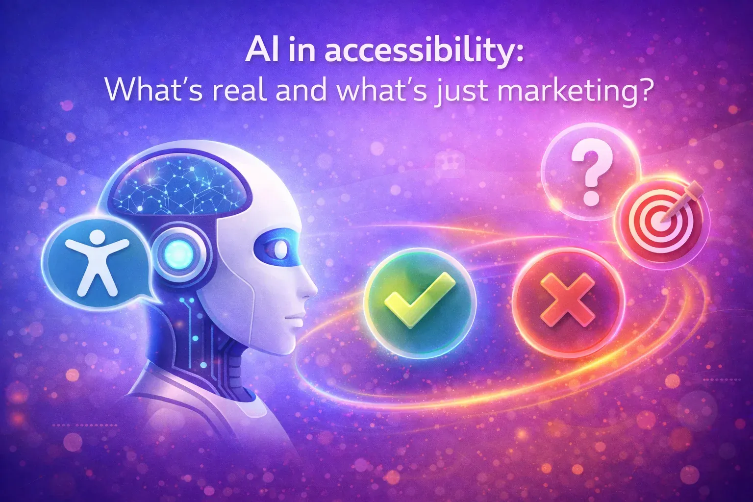 Illustration of a robotic head connected to accessibility symbols and a target, representing AI's role in accessibility.