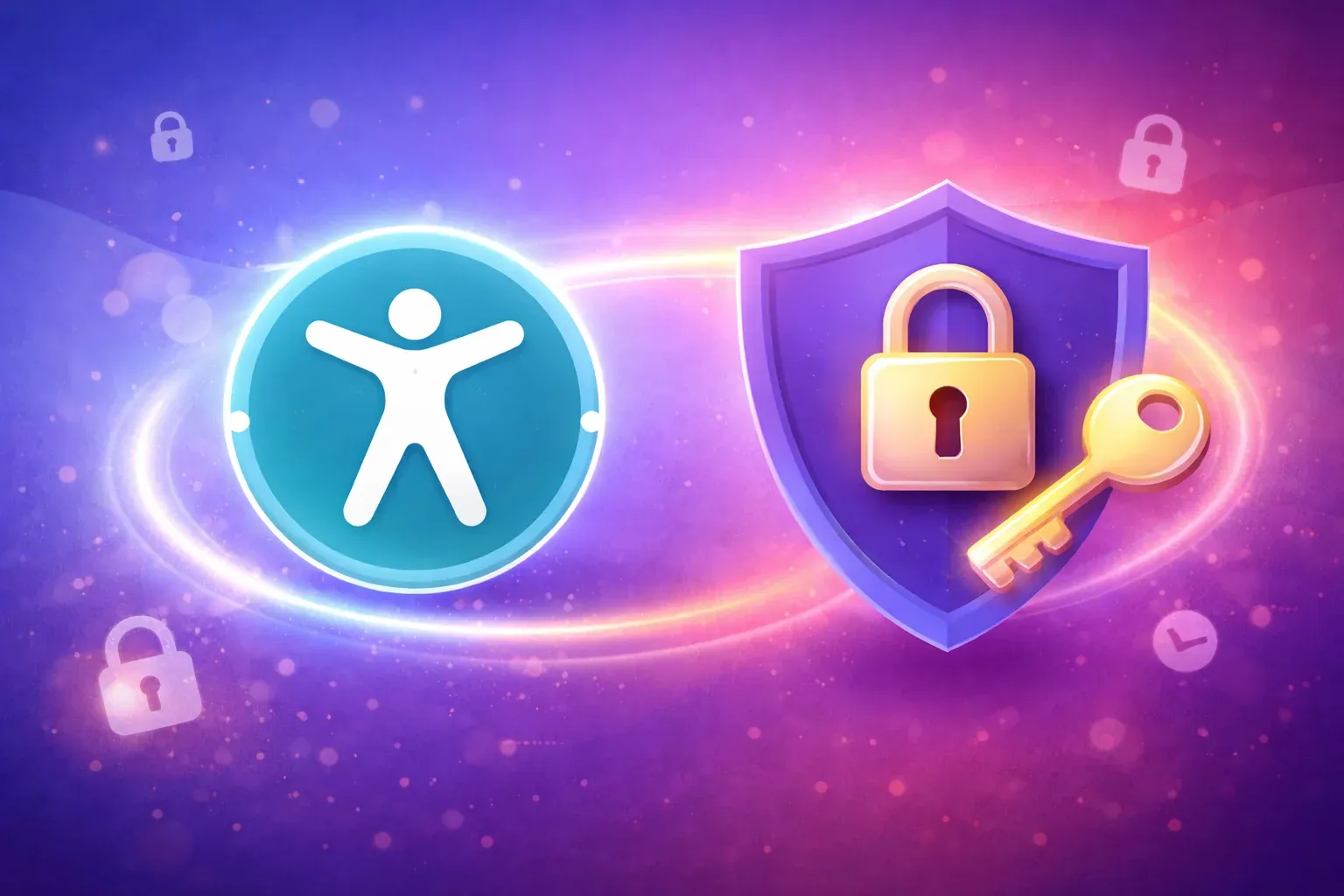 Illustration of an accessibility symbol connected by a glowing line to a padlock shield, linking inclusion and privacy.