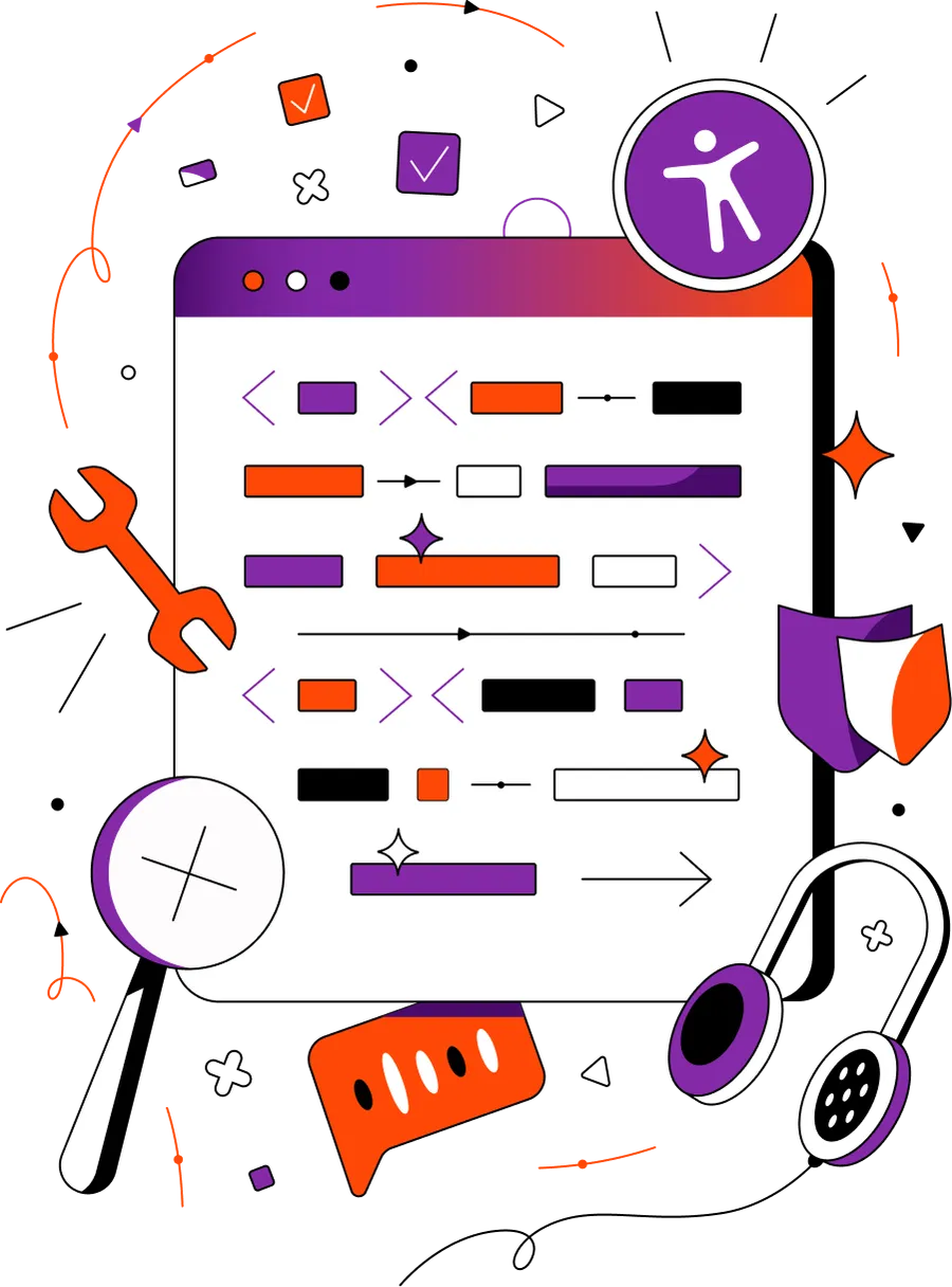 Illustration of a browser window with content, ringed by a wrench, magnifying glass, headphones, shield, and accessibility icon, symbolizing testing and fixes.