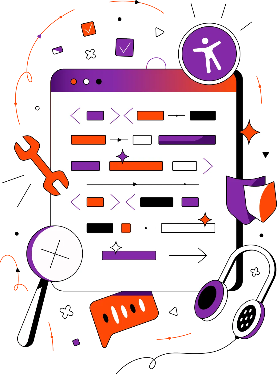 Illustration of a browser window with content, ringed by a wrench, magnifying glass, headphones, shield, and accessibility icon, symbolizing testing and fixes.