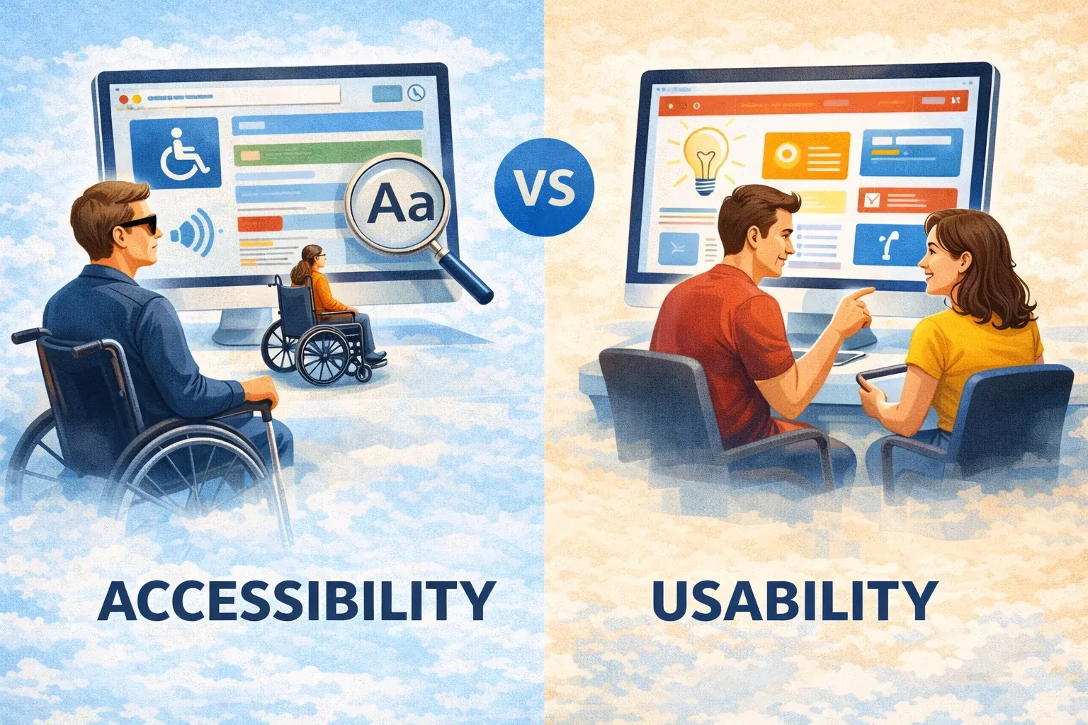 Split-screen illustration comparing an accessible website used by people with disabilities to a clean, easy-to-use interface.