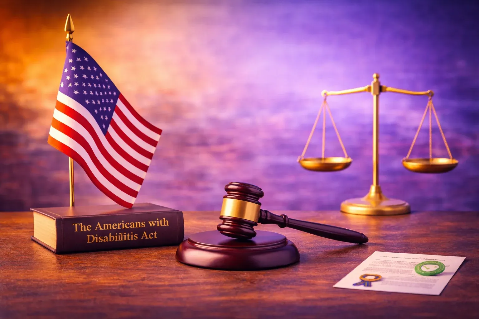 Judge's gavel and scales of justice beside a law book labelled 'The Americans with Disabilities Act', with a US flag.