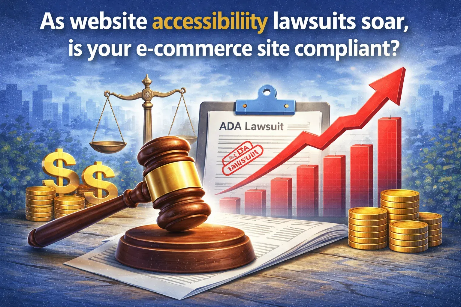 'As accessibility lawsuits soar, is your e-commerce site compliant?' illustration with a gavel, coins and a risk chart.