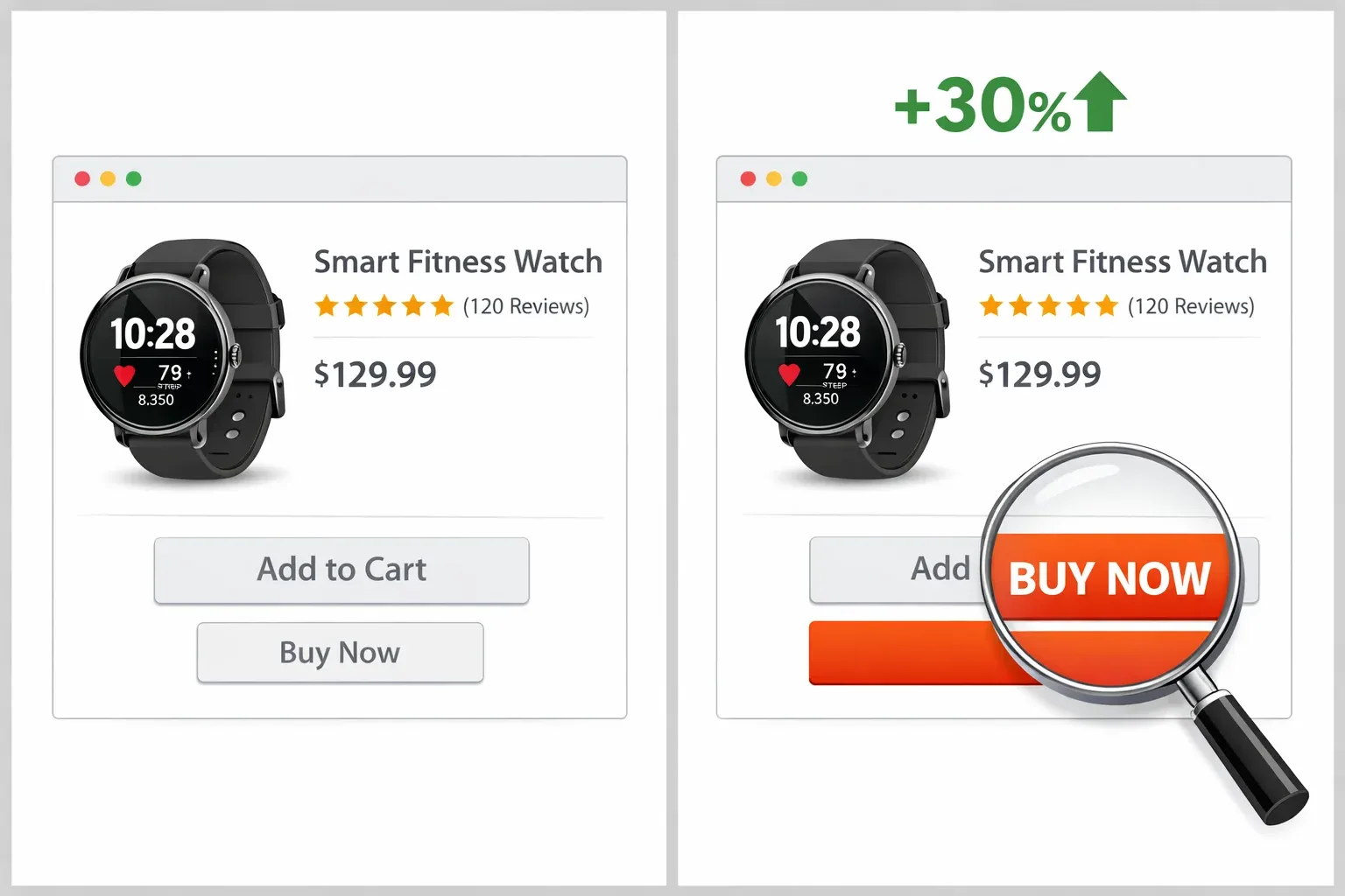 Comparison of low-contrast and high-contrast “Buy Now” buttons on ecommerce pages, illustrating how color and size improvements boost visibility and conversions.
