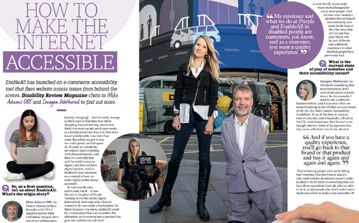 A screen shot of the magazine interview with EnableAll's Founder, Mike Adams OBE, and CEO Imogen Wethered. Image show both of them at Piccadilly Circus for Purple Tuesday 2025. 