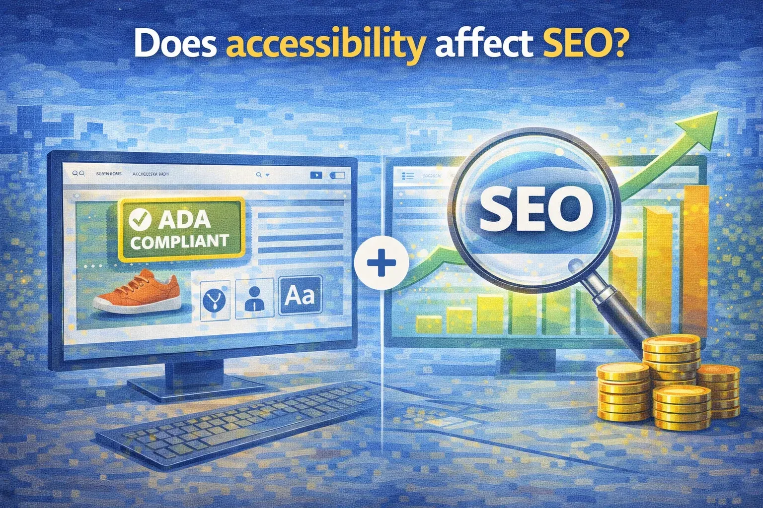 Illustration titled 'Does accessibility affect SEO?' showing an accessible website beside a rising SEO chart and growth bars.