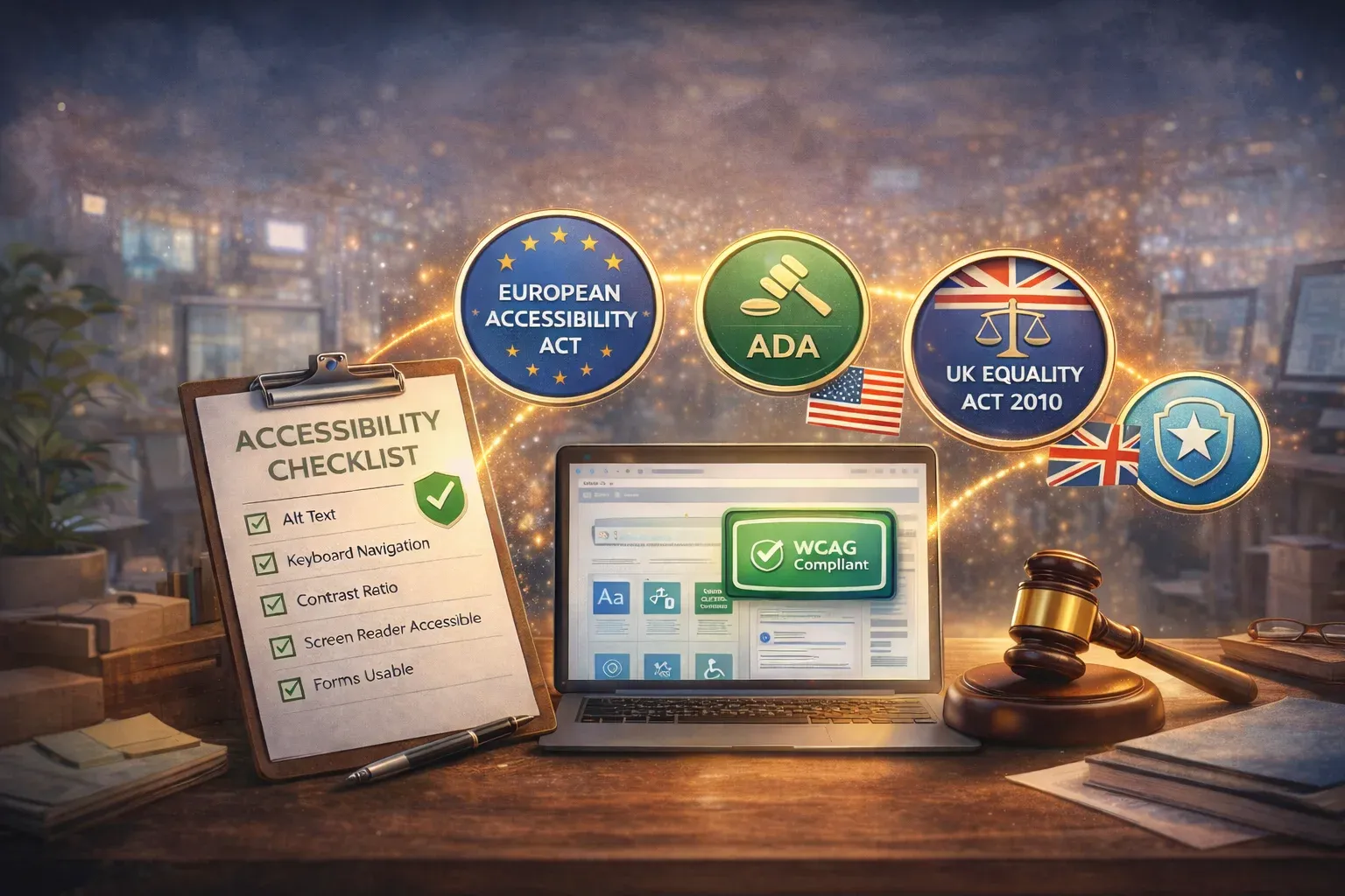 Clipboard showing a completed accessibility checklist beside a laptop and symbols for EU, US and UK regulations.