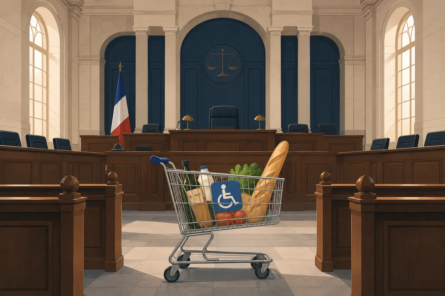Wide-format editorial illustration in a clean, modern flat style showing a supermarket shopping cart positioned in the centre of a French courtroom. The courtroom features polished wooden benches, a raised judge’s bench, and tall arched windows casting warm light across the room. Inside the cart are a baguette, groceries, and a blue wheelchair accessibility symbol. The colour palette is muted navy, warm cream, and stone grey with a deep blue accent, creating a serious, professional tone suitable for a business or technology article.