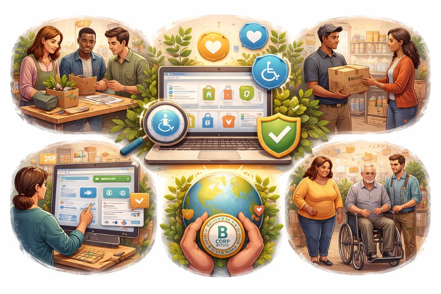 Illustration of inclusive e-commerce practices, including accessible website design, responsible sourcing and sustainability.