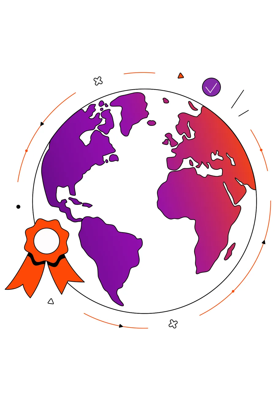 Illustration of a globe with an award ribbon, symbolising EnableAll as a global company with international recognition.