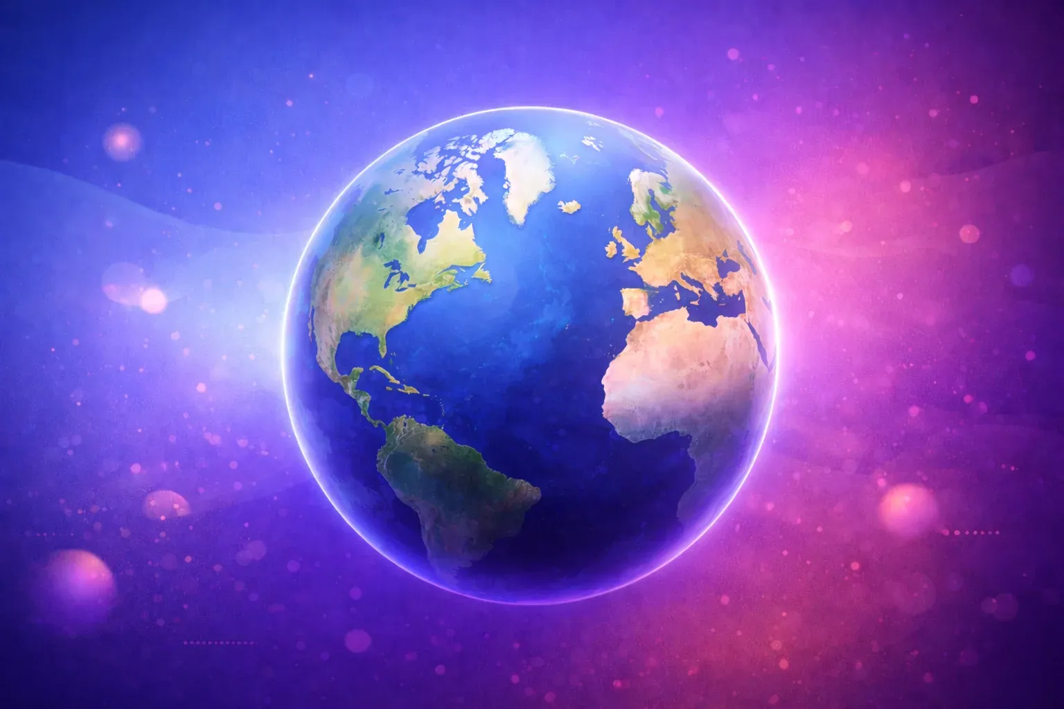Glowing digital illustration of Earth against a purple and orange gradient background with light orbs and geometric shapes.