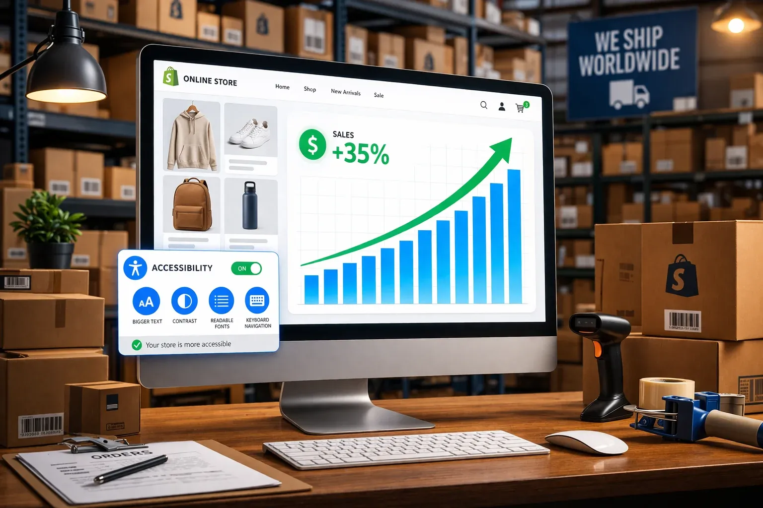 Illustration of an online store dashboard with a rising sales graph in a warehouse, showing accessibility boosting sales.