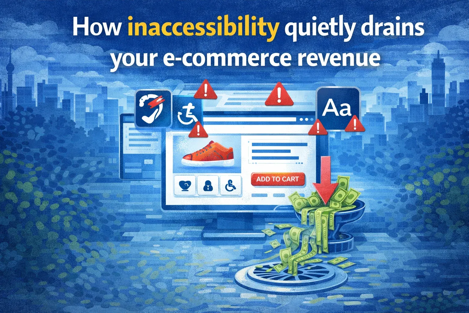Illustration titled 'How inaccessibility quietly drains your e-commerce revenue', showing money draining from a store page.