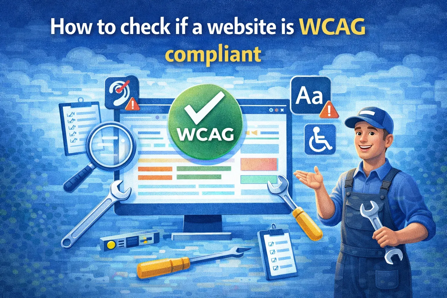 Illustration titled 'How to check if a website is WCAG compliant', showing a mechanic testing a WCAG checkmark screen.
