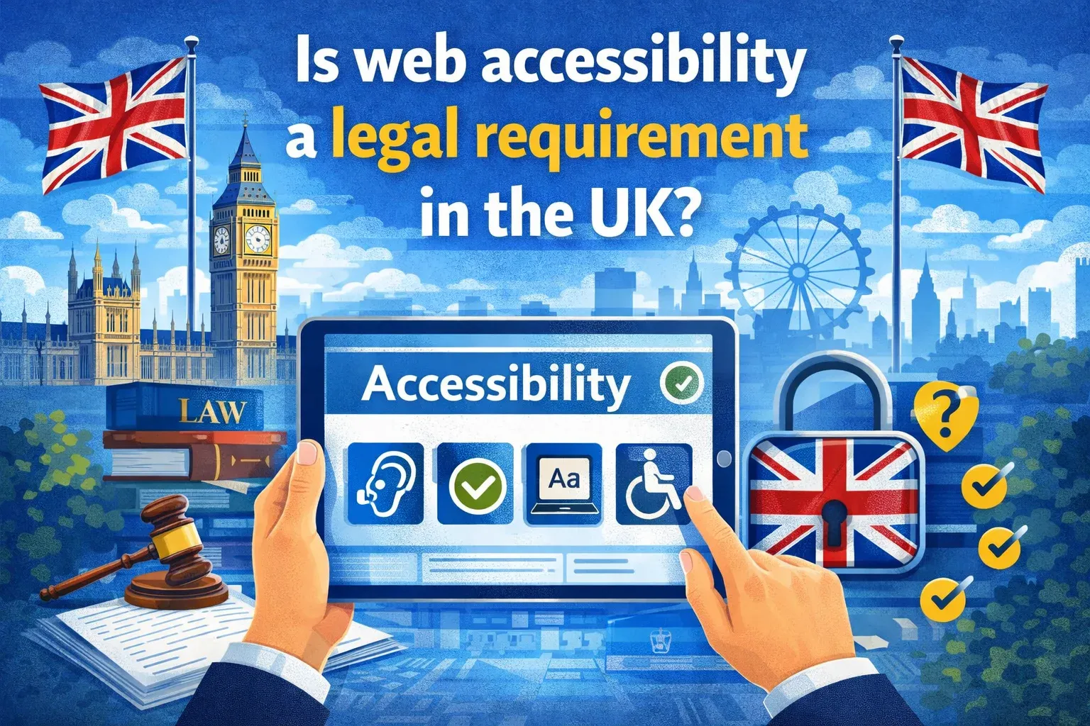 Illustration titled 'Is web accessibility a legal requirement in the UK?' with London landmarks, a tablet and gavel.