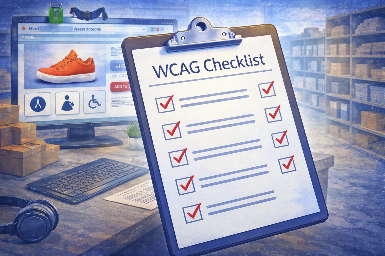 Close-up illustration of a WCAG checklist on a clipboard with multiple completed checkmarks, set on a desk with an e-commerce website visible in the background, representing progress toward accessibility compliance.