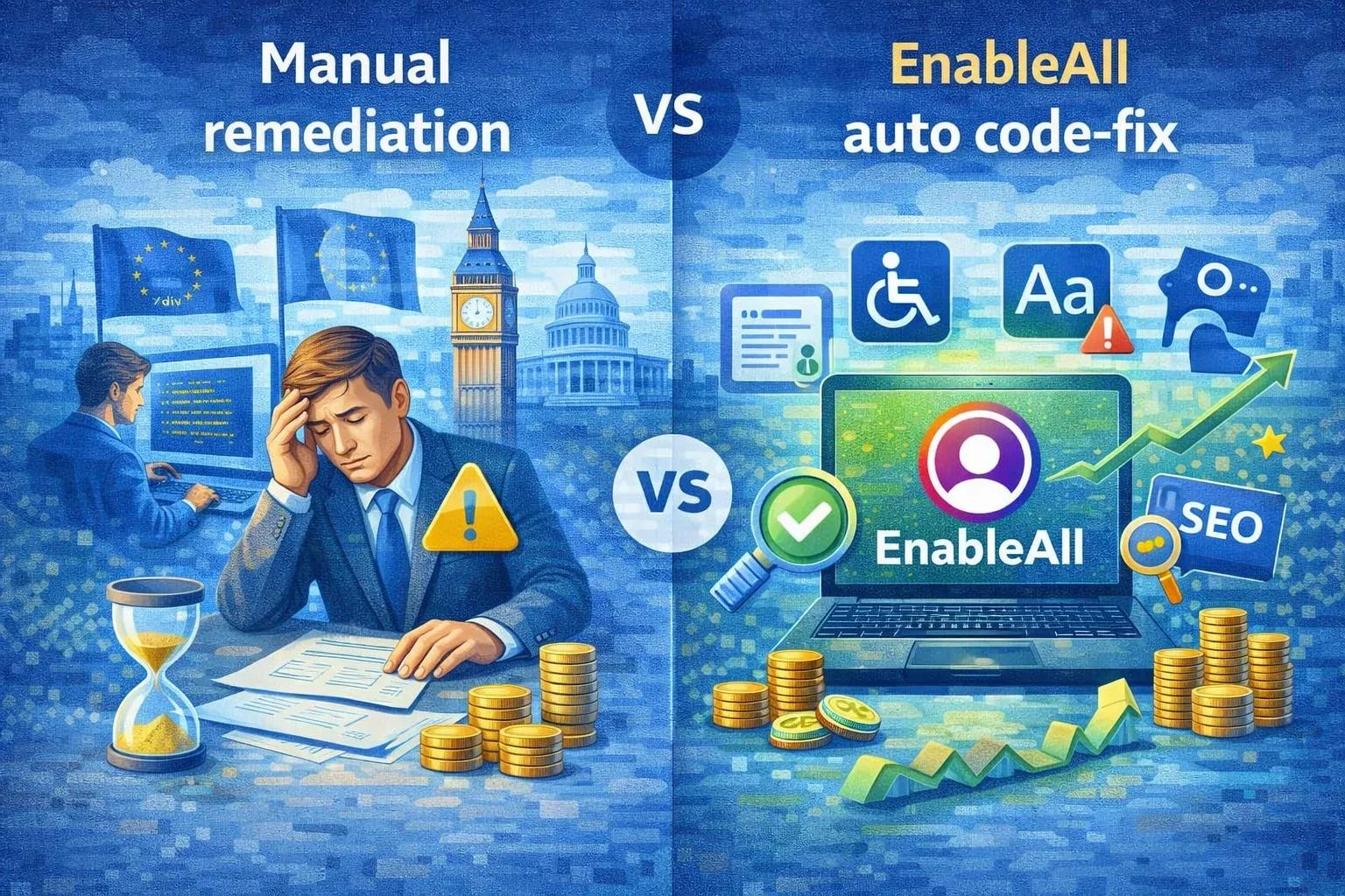 Split illustration comparing slow, costly manual accessibility fixes with EnableAll's fast, automated code-fix and ROI.