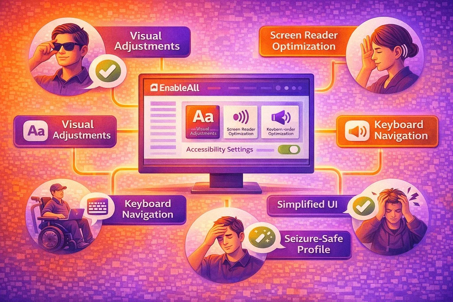 Flow diagram matching accessibility tools, like screen readers and keyboard navigation, to different disability types.