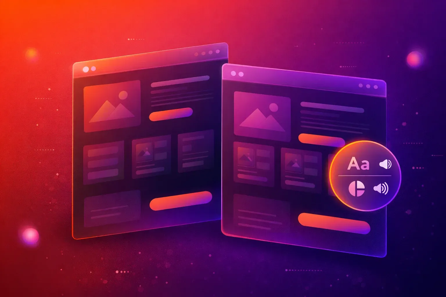 Abstract illustration of floating e-commerce interface panels with a glowing accessibility badge on a gradient background.