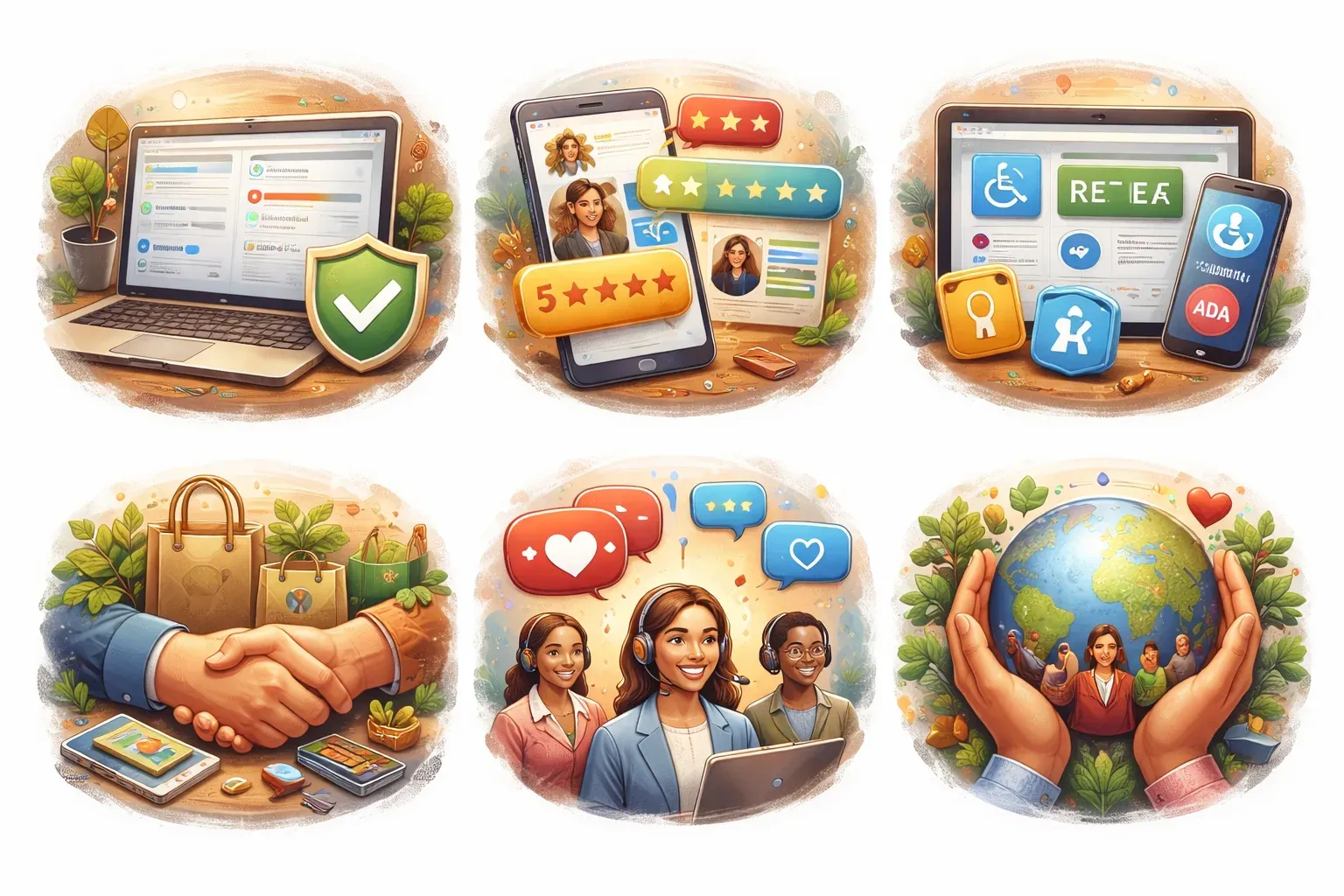 Six illustrated scenes representing trust in e-commerce: security, reviews, accessibility, support and inclusion.
