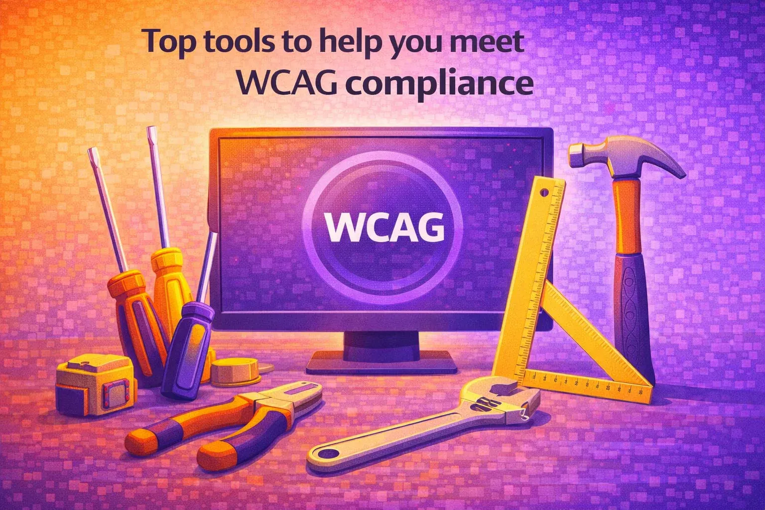 Illustration titled 'Top tools to help you meet WCAG compliance', showing a WCAG screen surrounded by tools.