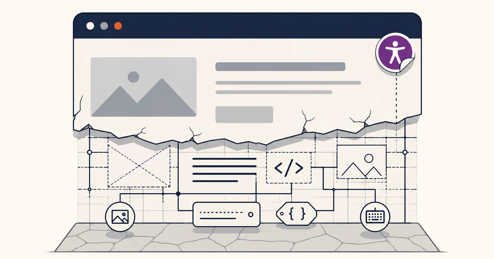 Illustration of a browser window with a small accessibility widget floating in the top corner while the page beneath is shown as exposed structural layers. A wireframe grid, code symbols, alt text and ARIA icons, and keyboard accessibility elements are integrated into the underlying framework, highlighting the contrast between a superficial widget and accessibility built into the website’s foundation.