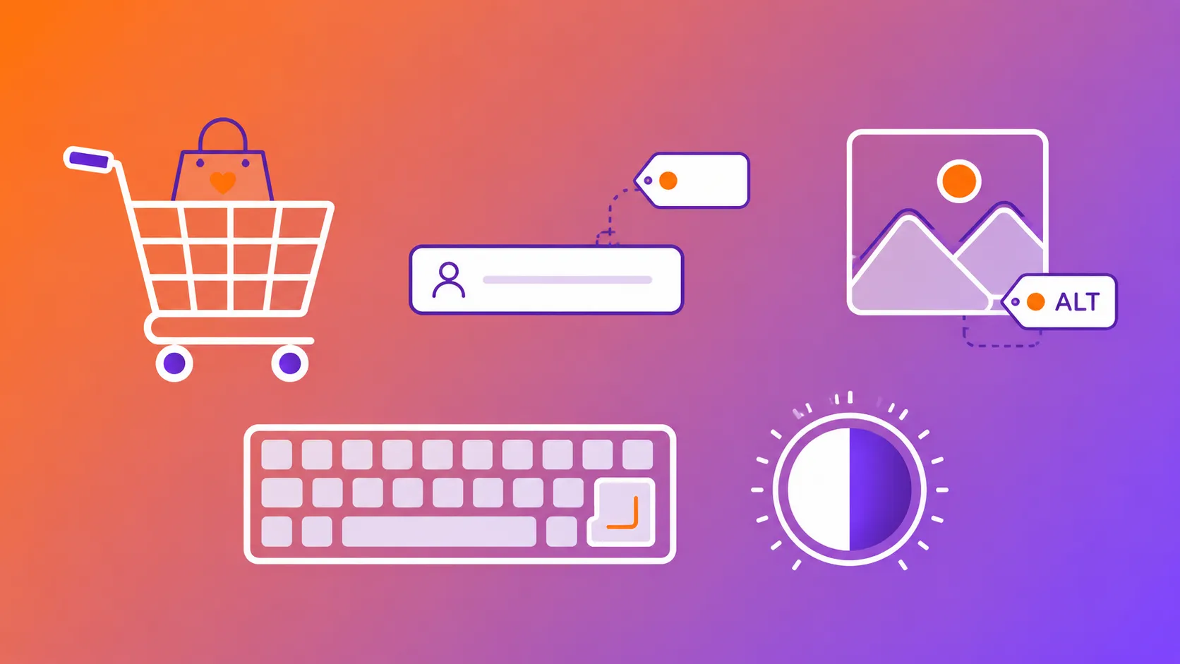 Flat vector illustration on a diagonal orange to purple gradient background featuring accessibility themed ecommerce icons. A shopping cart, checkout form field with a label tag, image icon with an alt text tag, keyboard, and contrast adjustment dial are evenly spaced across the banner in white and purple line art with small orange accents. Clean, minimal design with generous negative space.