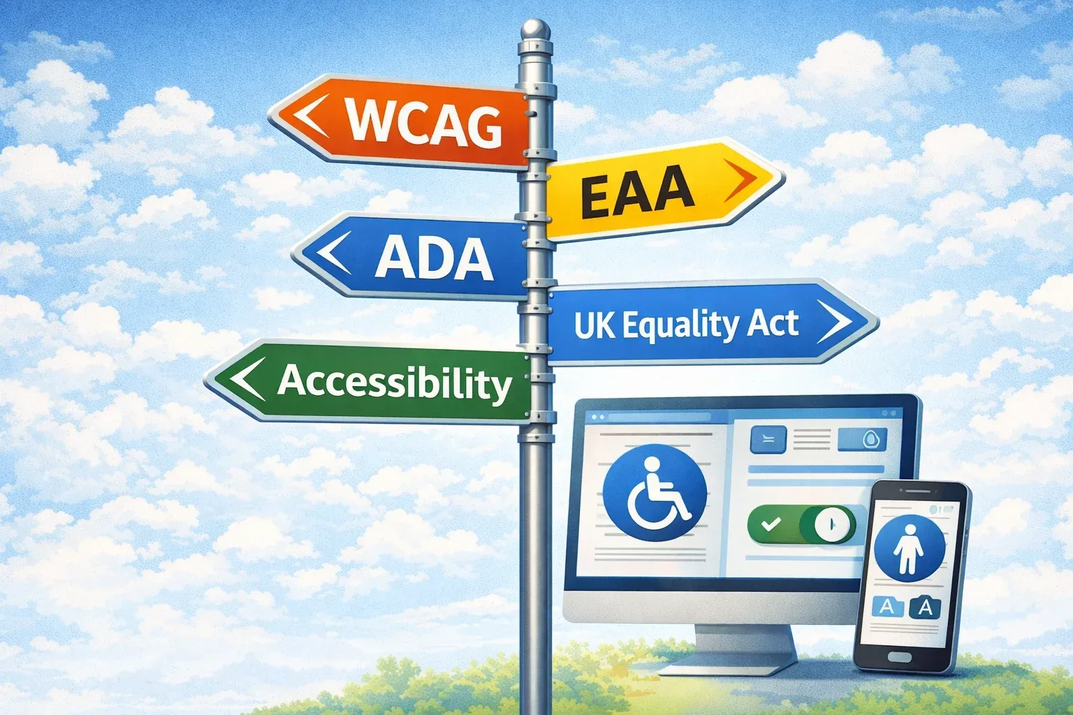 Signpost with arrows labelled WCAG, EAA, ADA and UK Equality Act, beside a desktop and phone with accessibility icons.