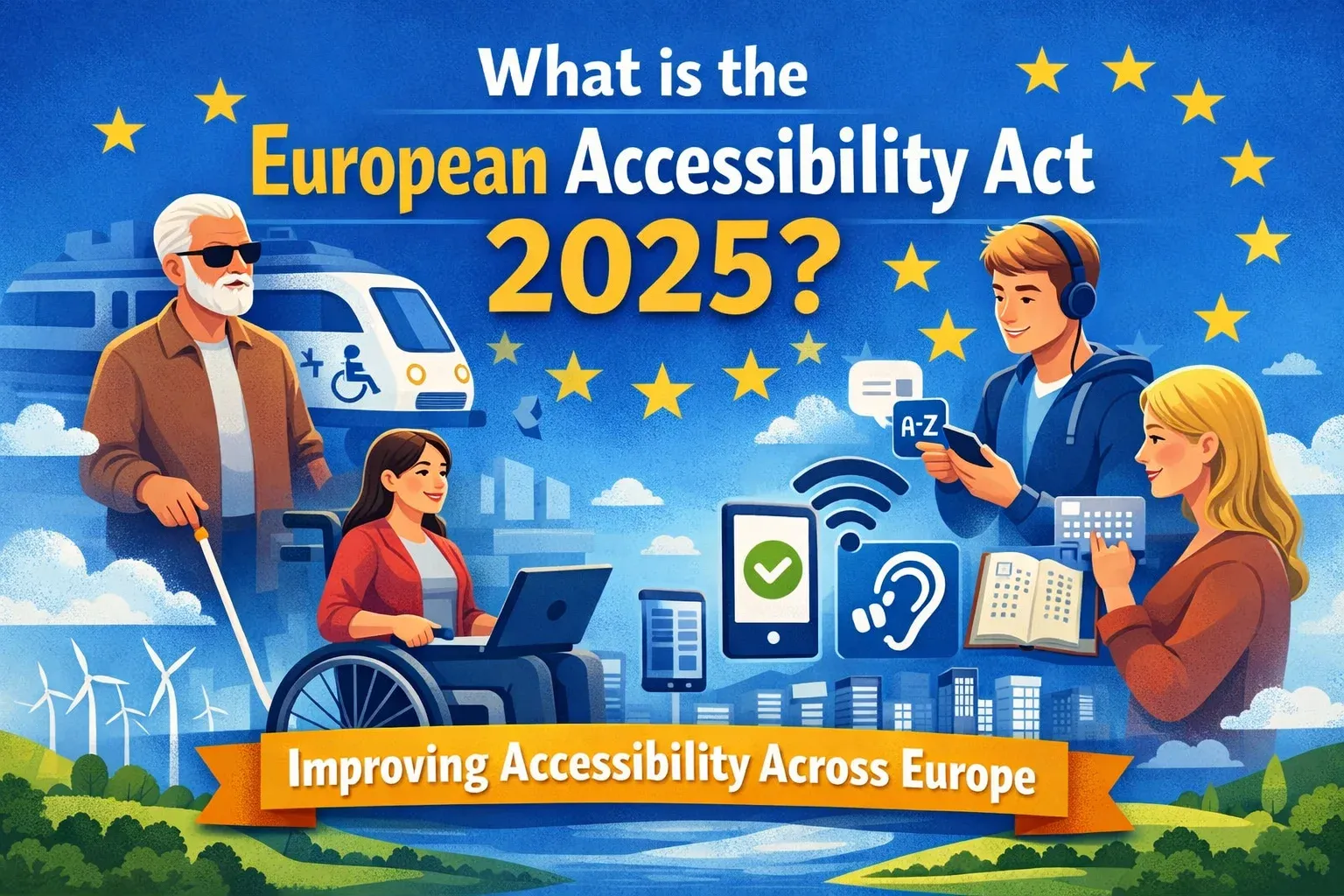 Banner titled 'What is the European Accessibility Act 2025?' showing people using assistive technology in a European city.