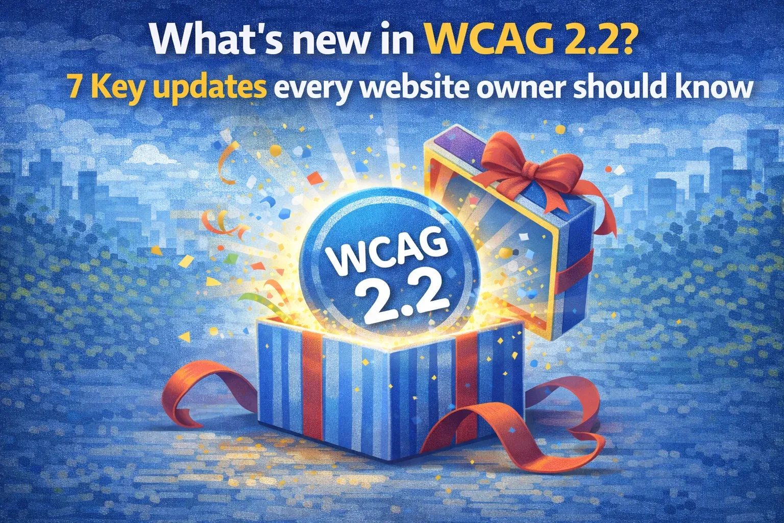 Illustration of a gift box opening to reveal a glowing 'WCAG 2.2' logo with confetti, symbolising new accessibility updates.