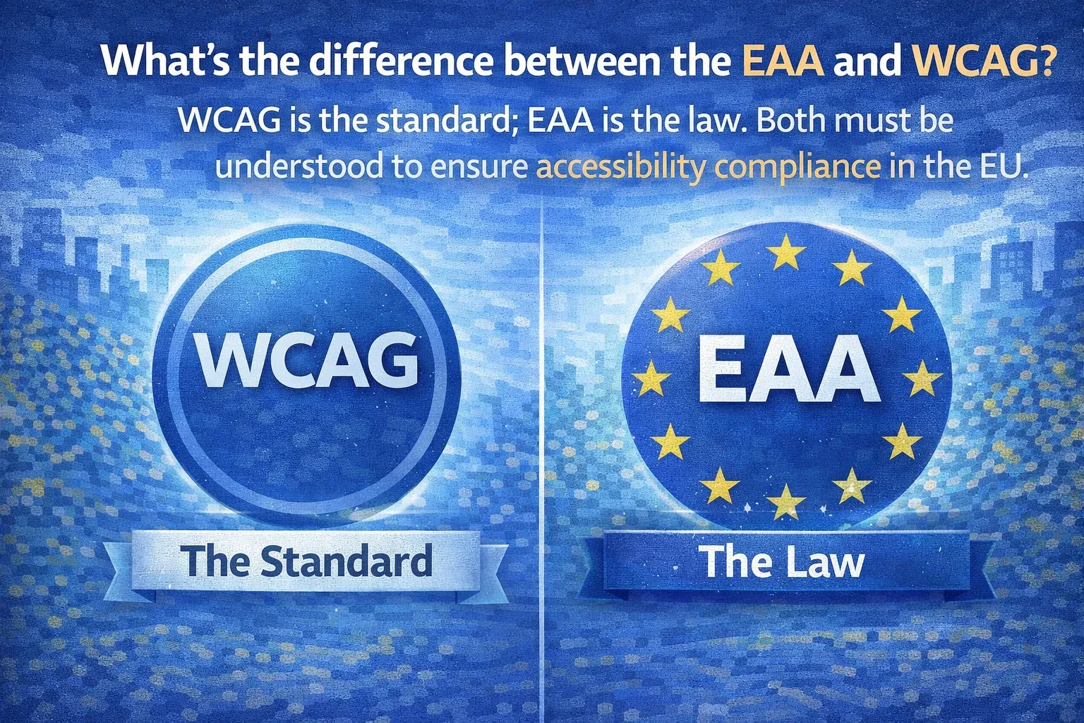 Split illustration titled 'What's the difference between the EAA and WCAG?', labelling WCAG the standard and EAA the law.
