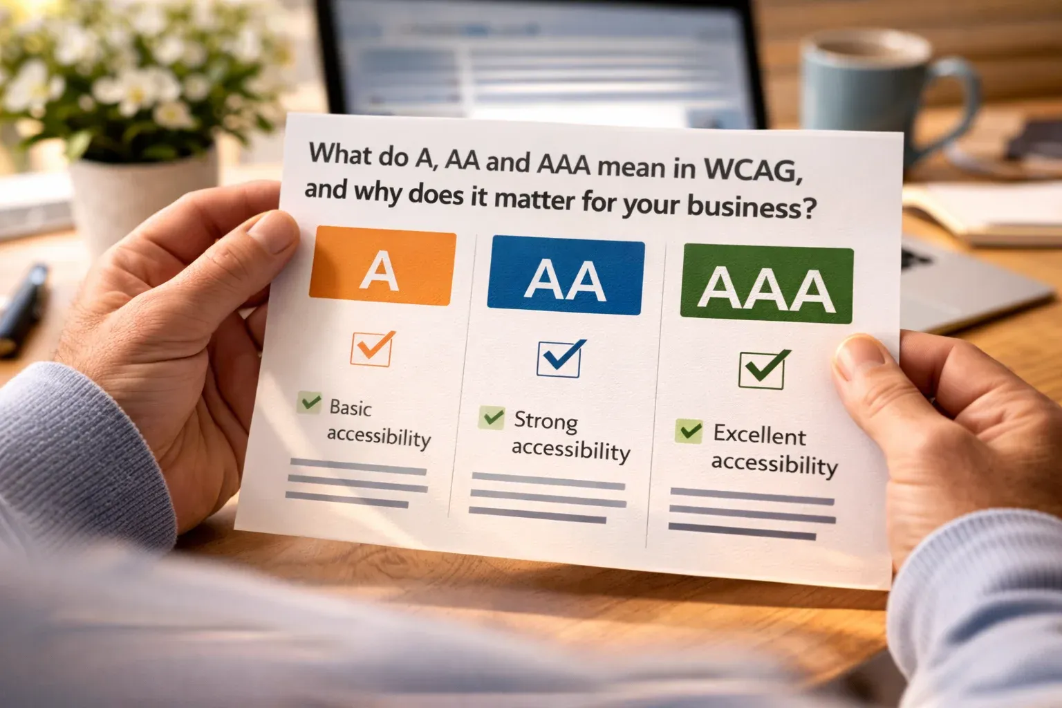 Close-up of hands holding a card comparing WCAG levels A, AA and AAA with coloured labels and checkmarks.