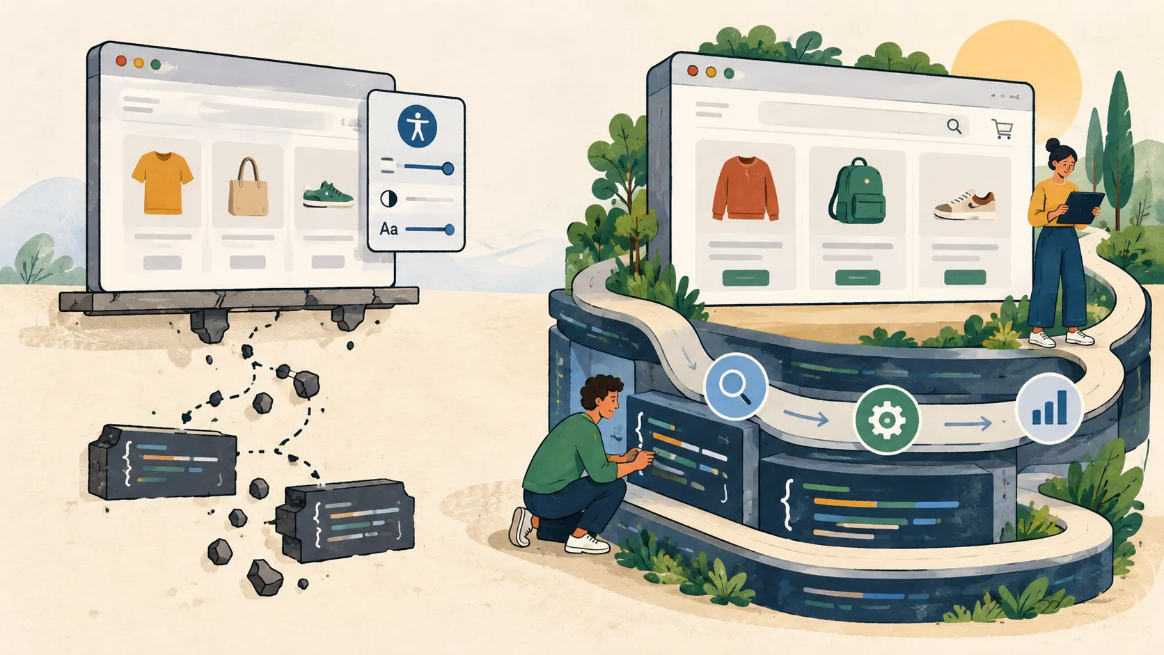 Illustration contrasting an accessibility widget over broken website code with an online store supported by code fixes, audits, and ongoing monitoring.